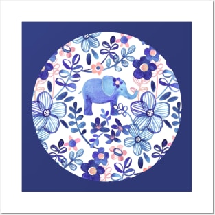 Pale Coral, White and Purple Elephant and Floral Watercolor Pattern Posters and Art